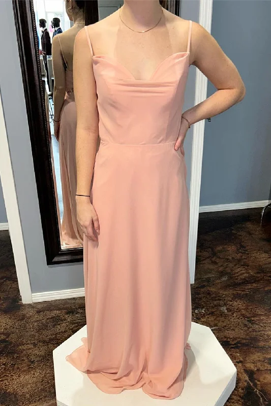 Step Ahead, Lead The Trend Pink Straps Cowl Neck Chiffon Long Bridesmaid Dress Ethnic Cultural Event Wear