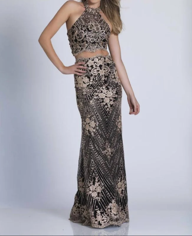 Popular Collection Beaded Two Piece Gown In Black And Gold Feminine Allure