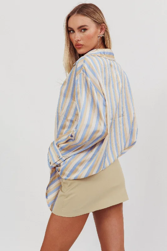 Vintage-Inspired Style Offers Like The Movies Striped Satin Shirt Light Blue Timeless Elegant