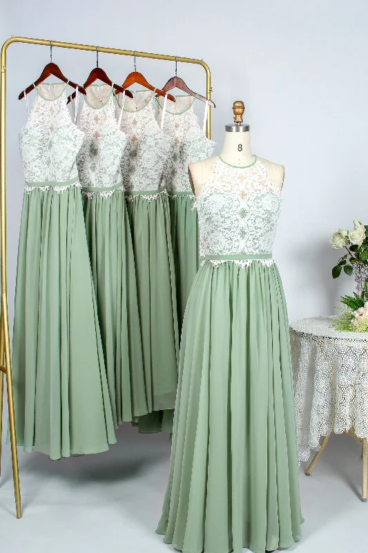 Stylish Deals Sage Green Chiffon and Halter White Lace Long Bridesmaid Dress Save on Classic Elegant Styles