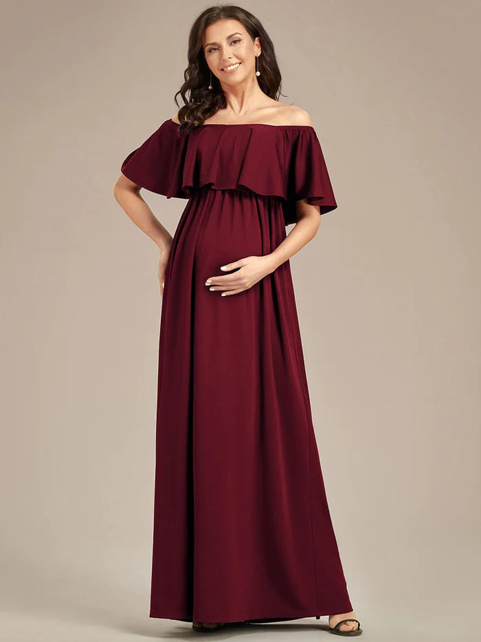 Must-Have Style Discounts Flattering A-Line Maternity Dress with Off-Shoulder Ruffle Effortless Grace