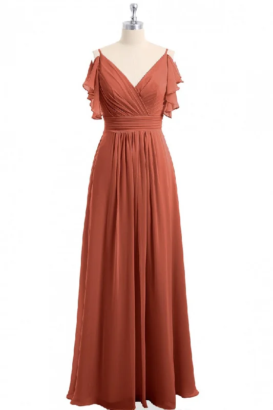 Don't Miss Out Rust Orange Cold-Shoulder A-Line Long Bridesmaid Dress Bohemian Vibe