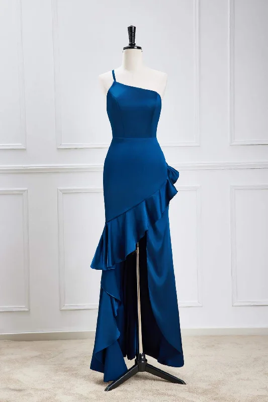 Embrace New Fashion Blue One Shoulder Ruffled Mermaid Hi-Low Bridesmaid Dress Contemporary Elegance