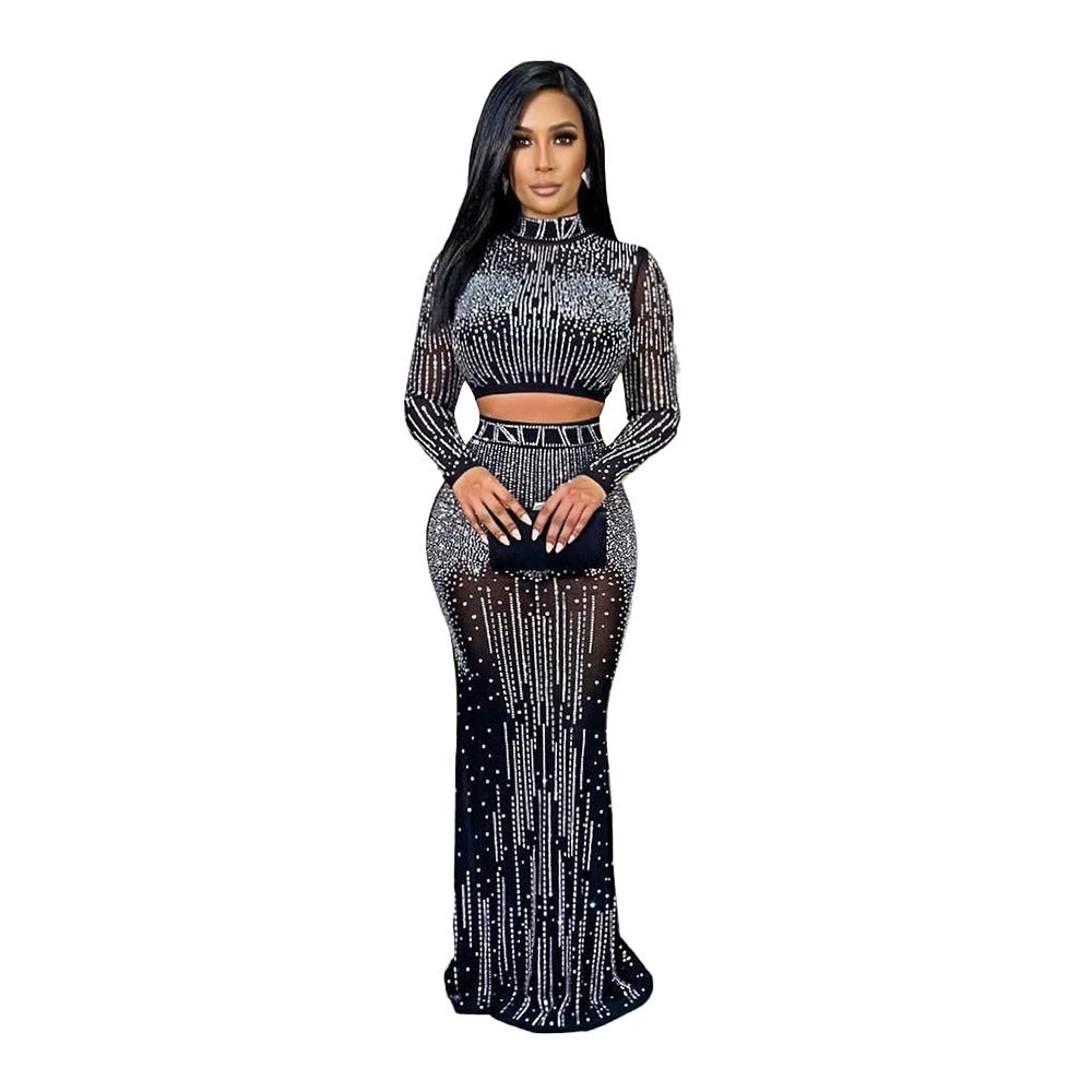 Budget Saver Sexy Mesh Long Sleeve Rhinestone Dress Two Pieces Dress New Big Savings on Minimalist Office Styles