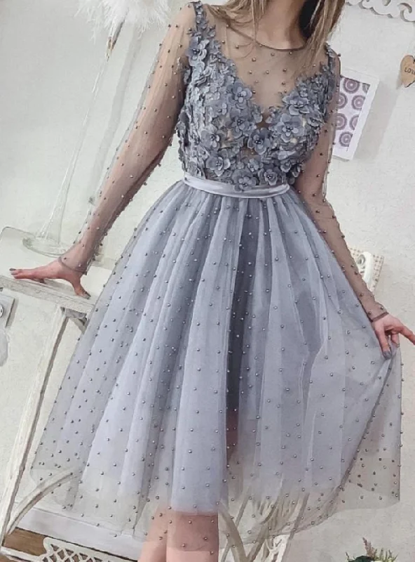 Fast Fashion Favorites A-Line SIlver Long Sleeve Appliques Pearls Short Prom Dress   cg10446 Subtle Sophistication