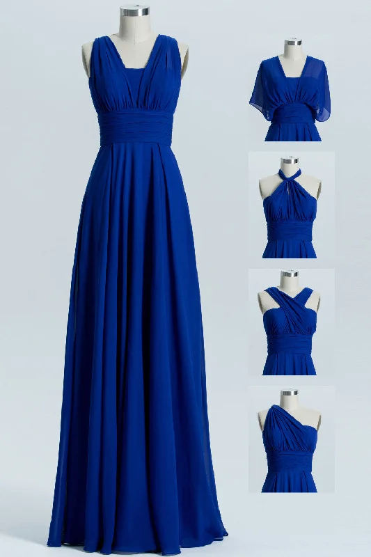 Seize Bargains Royal Blue A-line Chiffon Long Convertible Bridesmaid Dress Cottagecore Rustic Charm Style