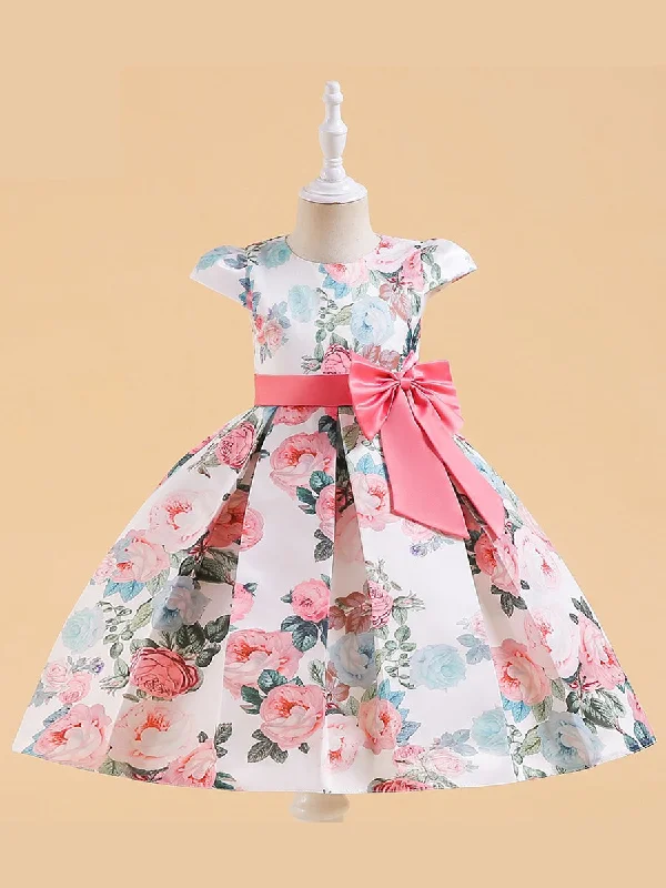 Sophisticated Style Offers Ball Gown Scoop Sleeveless Satin Pleated Flower Girl Dresses with Printed Flowers & Bow(s) Boho Chic