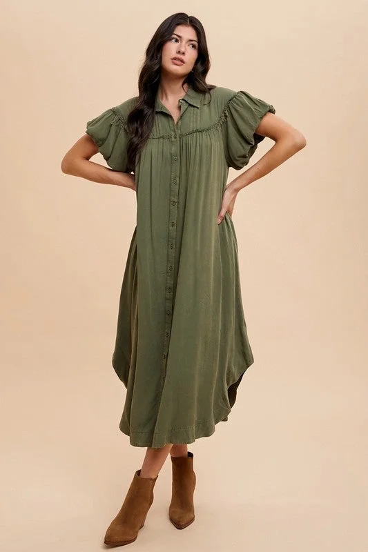 Casual Chic Annie Wear Mineral Washed Button Down Puff Sleeve Shirt Dress Flowing Silhouette