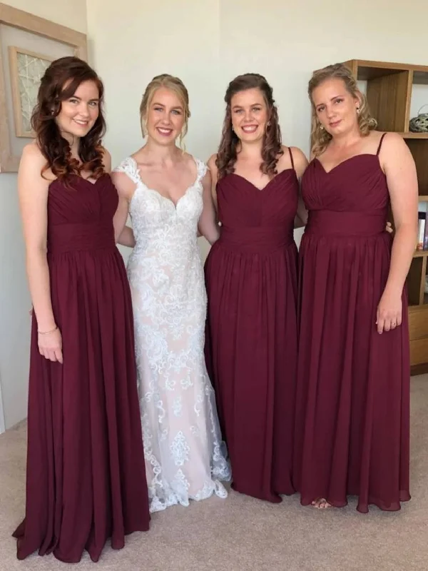 Relaxed Style Deals Floor-length Long Chiffon Spaghetti Straps Burgundy Bridesmaid Dresses Cottagecore Rustic Charm Style