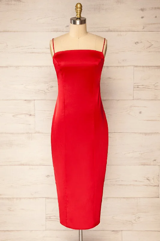 Absurdly Cheap Sale Korina Red | Fitted Satin Midi Dress Dreamy Aesthetic