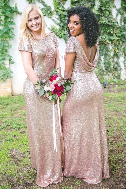 Fast Fashion Favorites Metallic Rose Gold Bridesmaid Dress Sequin Wedding Guest Dresses with Sleeves Romantic Detailing