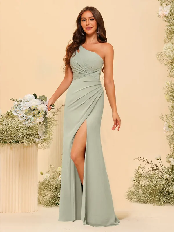 Day-To-Night Styles Sheath/Column One-Shoulder Long Bridesmaid Dresses with Split Side Y2K Nostalgic Fashion Look