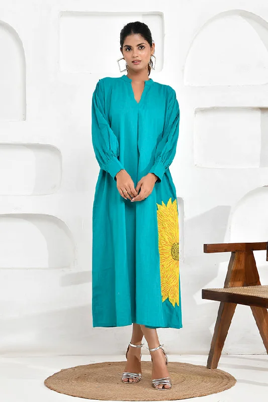 Trendy Looks On Sale Turquoise Sunflower Embroidery Shirt Dress Bold Silhouette