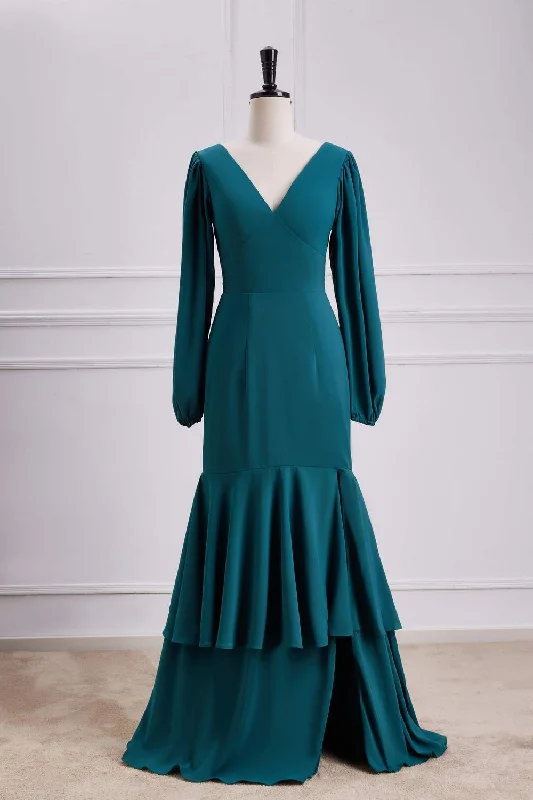 Insane Discount Onslaught Teal Long Sleeves V Neck Mermaid Layers Long Bridesmaid Dress with Slit Charming Silhouette