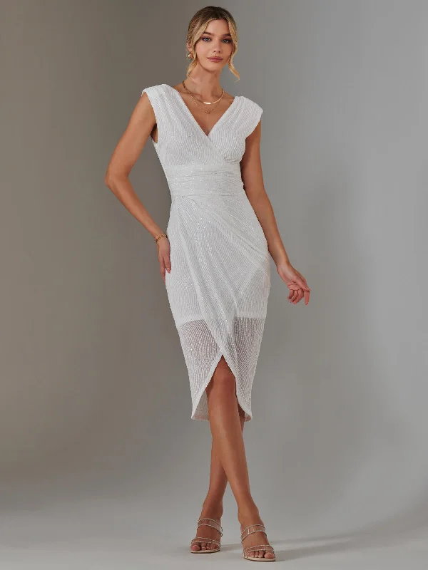 Sporty Fashion Offers Aisla Ruched Sequin Bodycon Dress, White Classic Timeless Elegant Style