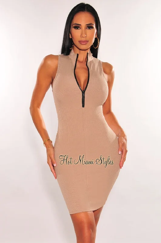 Summer Deals Taupe Ribbed Zipper Sleeveless Bodycon Dress Feminine Elegant