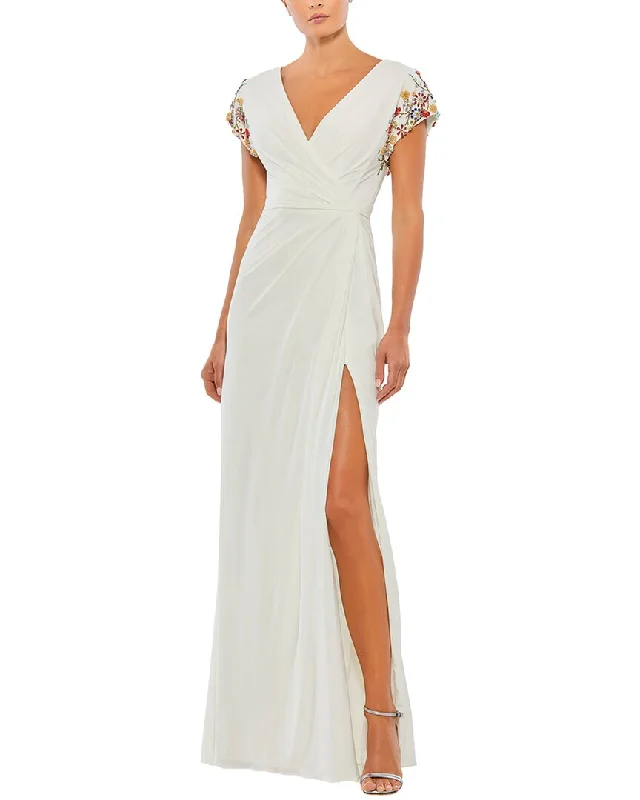 Classy Style Discounts Mac Duggal Beaded Cap Sleeve Faux Wrap Jersey Gown Grab Romantic Date - Night Styles Now