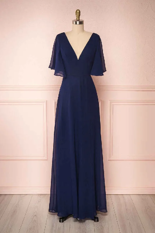 Summer Deals Navy Blue Chiffon V-Neck Ruffled Sleeve Long Bridesmaid Dress Luxury Style