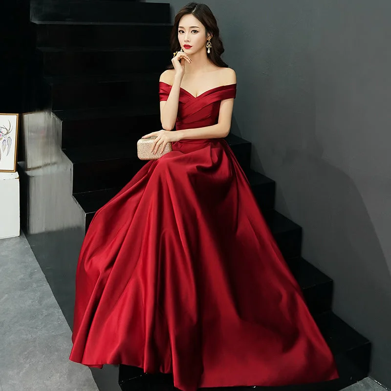 Must-Have Style Discounts Off shoulder party dress, sexy red evening dress ,satin prom dress Elegant Attire