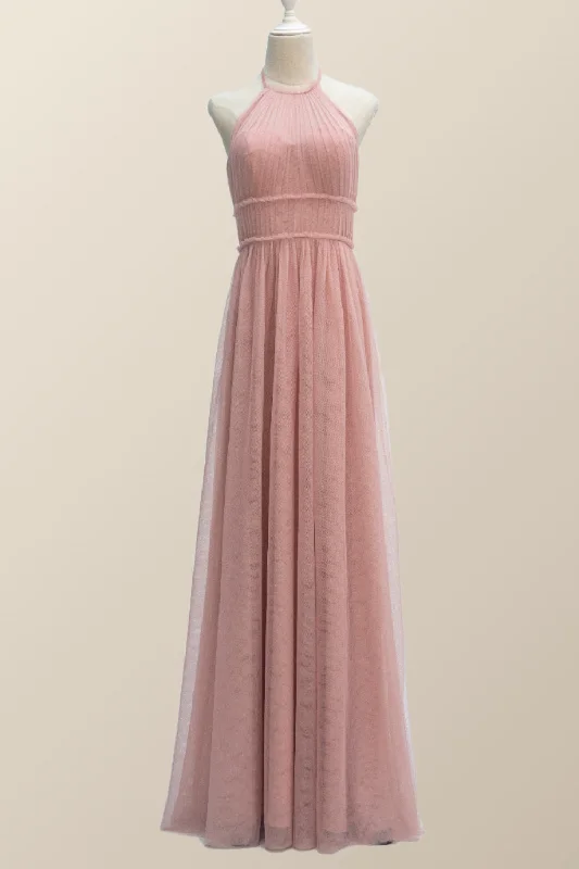 Cozy Chic Promotions Halter Blush Pink Tulle Long Bridesmaid Dress Flowy Fabric