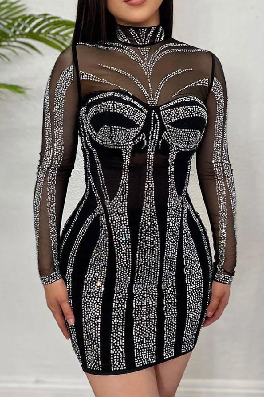 Athleisure Style Sale Rhinestone Party See-Through Bodycon Mini Dress Romantic Date - Night Ensemble