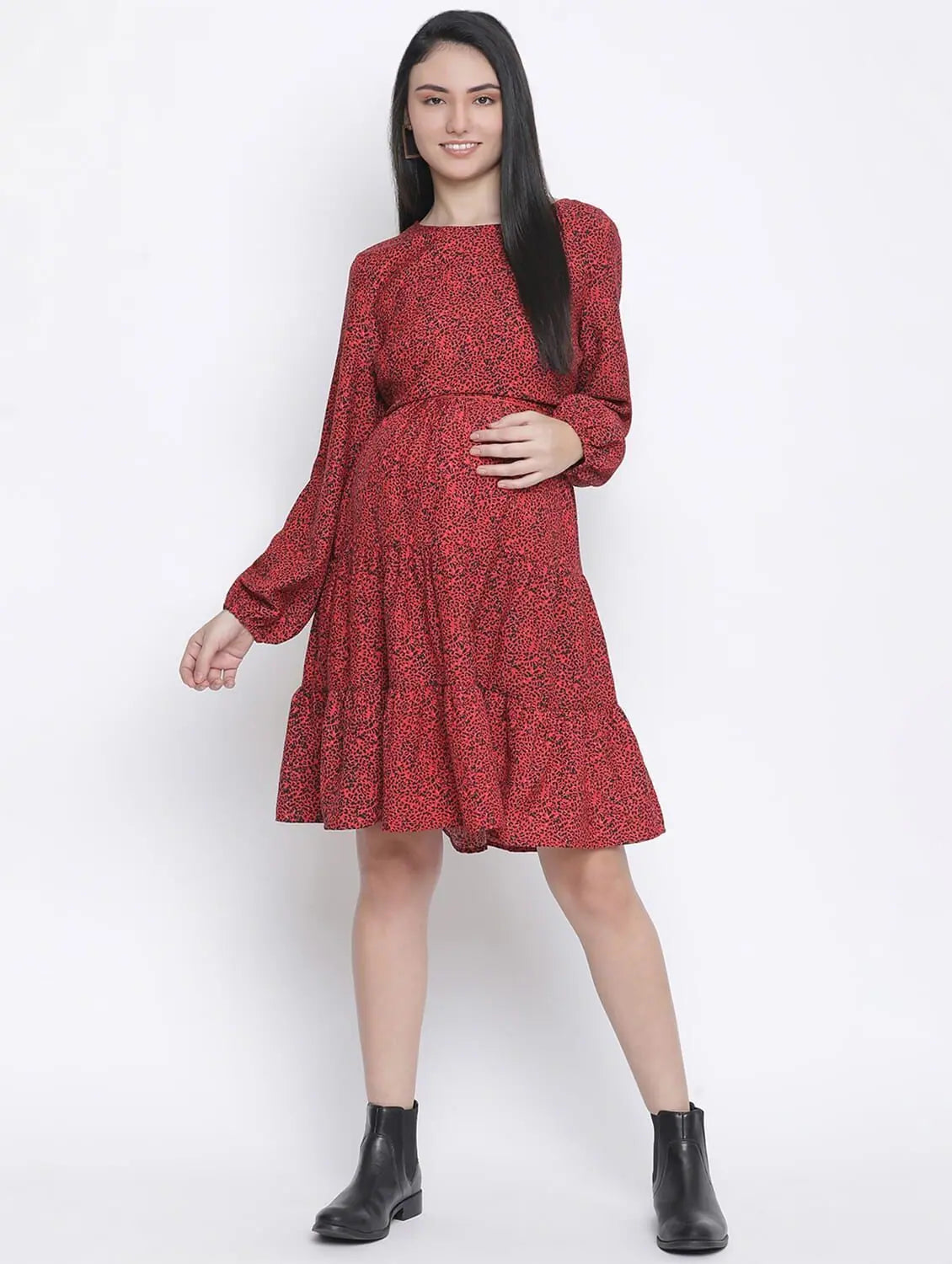 Comfort Meets Fashion Dora Red Printed With Feeding Zip Maternity Dress Feminine Elegant