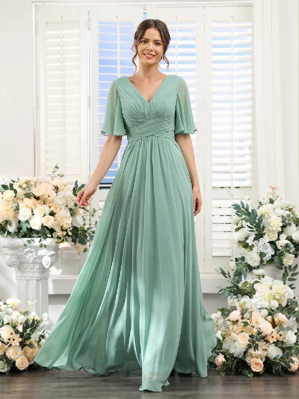 Trendy Women'S Wear Collection A-Line V-Neck Half Sleeves Split Side Chiffon Bridesmaid Dresses With Pockets Graceful Drape