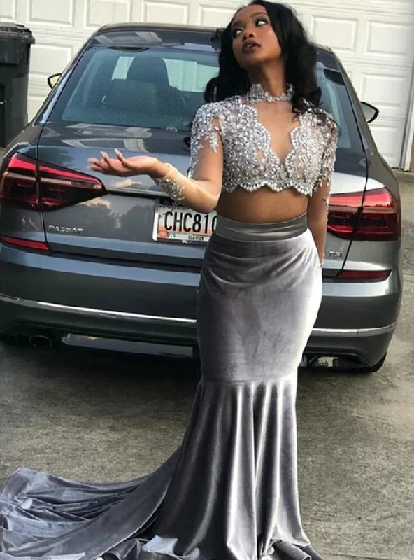 The Good Stuff Silver Gray Mermaid Velvet Long Sleeve Two Piece Appliques Beading Prom Dress   cg12825 Bohemian Vibe