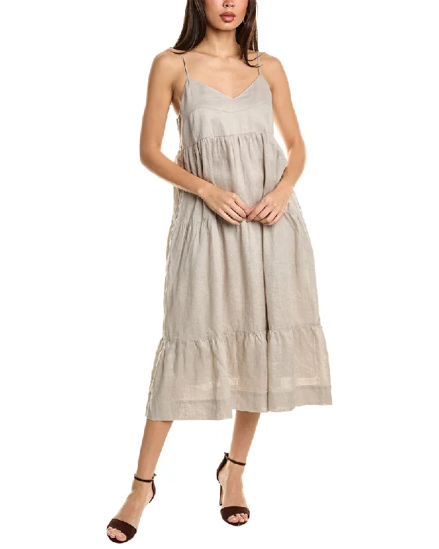 Contemporary Fashion Sale Johnny Was V-Neck Tiered Linen Midi Dress Feminine Elegant