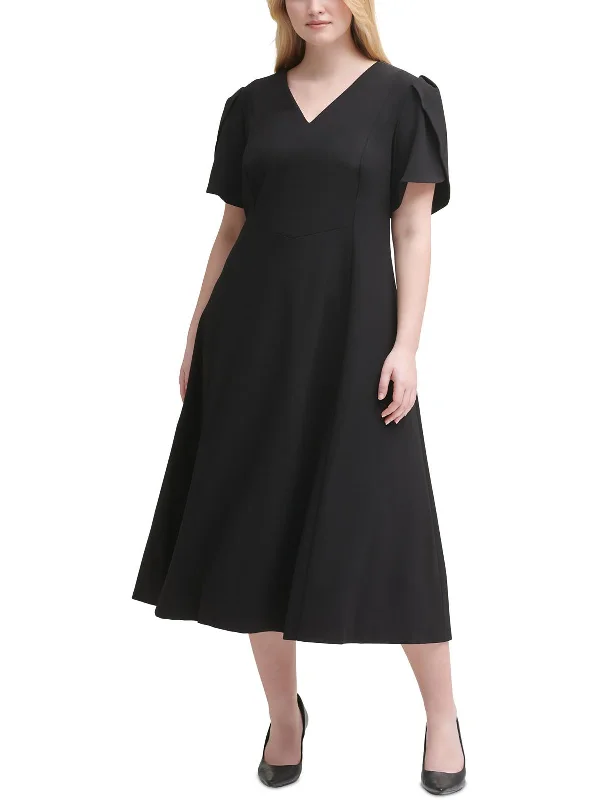 Classic Elegance Sales Plus Womens Knit Tulip Sleeves Midi Dress Today Only