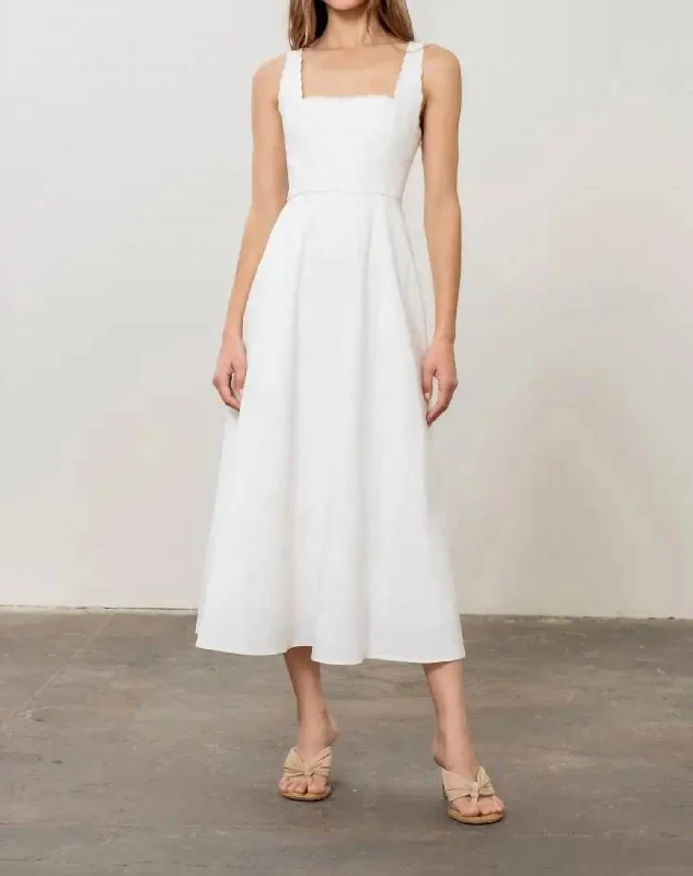 Fashionista Favorites Sleeveless Scallop Shirred Midi Dress In White Refined Simplicity