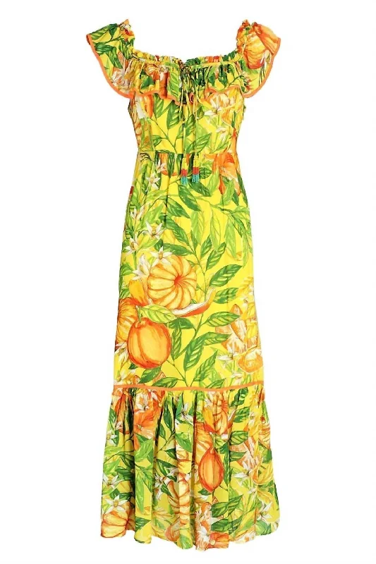 Affordable Luxury Fashion Tangerines Yellow Midi Dress In Yellow Multi Cottagecore Rustic Charm Style