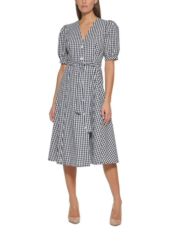 Fashion Forward Womens Gingham Elbow Sleeves Midi Dress Elevated Style