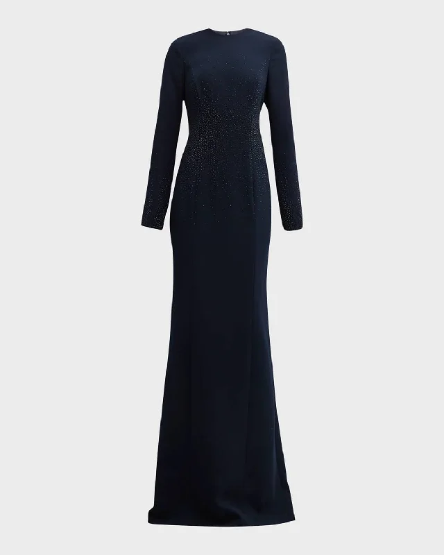 Classic Modern Offers A-Line Crepe Rhinestone Gown In Navy Lightweight Fabric