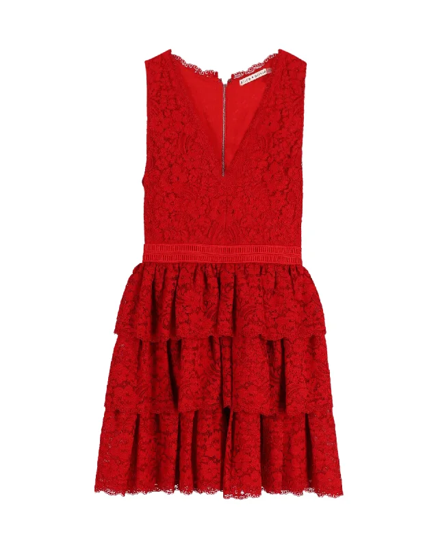 Discover Promotions Alice + Olivia V-neck Lace Mini Dress in Red Nylon Effortless Comfort