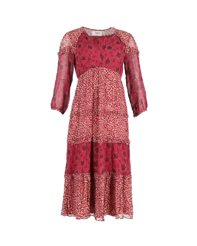 Chic Style, Always In Vogue Ba&sh Gypsie Mixed Print Midi Dress In Burgundy Viscose Contemporary Elegance