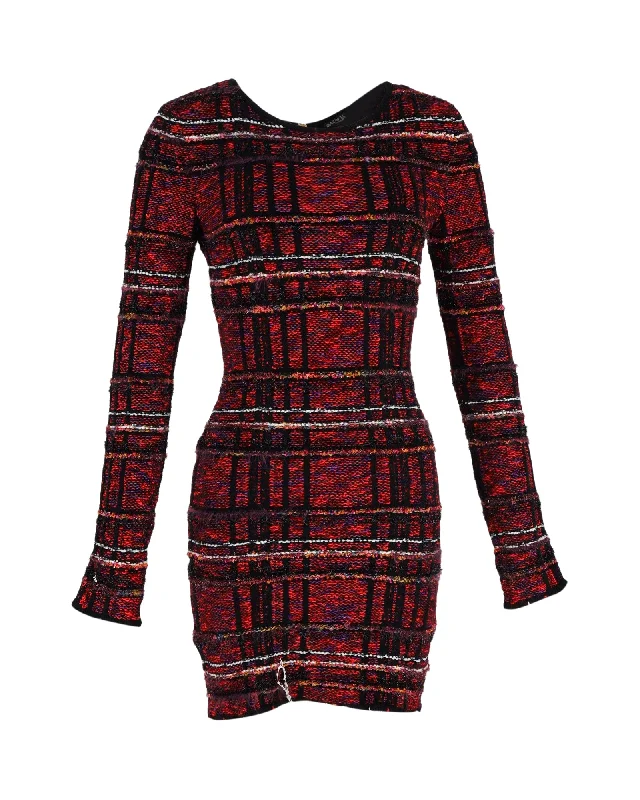 Trend Alert Balmain Checked Tweed Fringed Long Sleeve Mini Dress in Red Viscose Feminine Grace