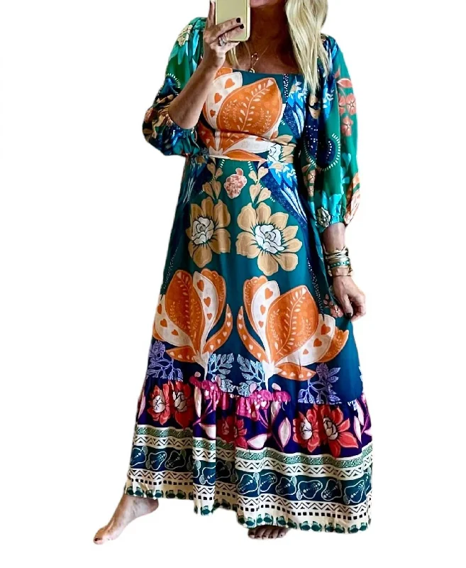 Classic Chic Deals Bohemian Bouquet Maxi Dress In Teal Charming Silhouette