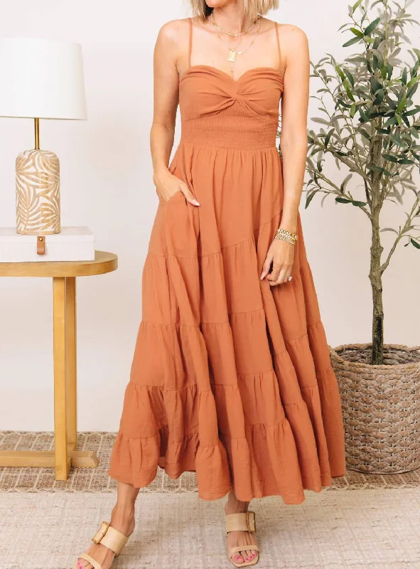 Huge Markdowns Breezy Smocked Bodice Tiered Maxi Dress In Apricot Casual Elegance