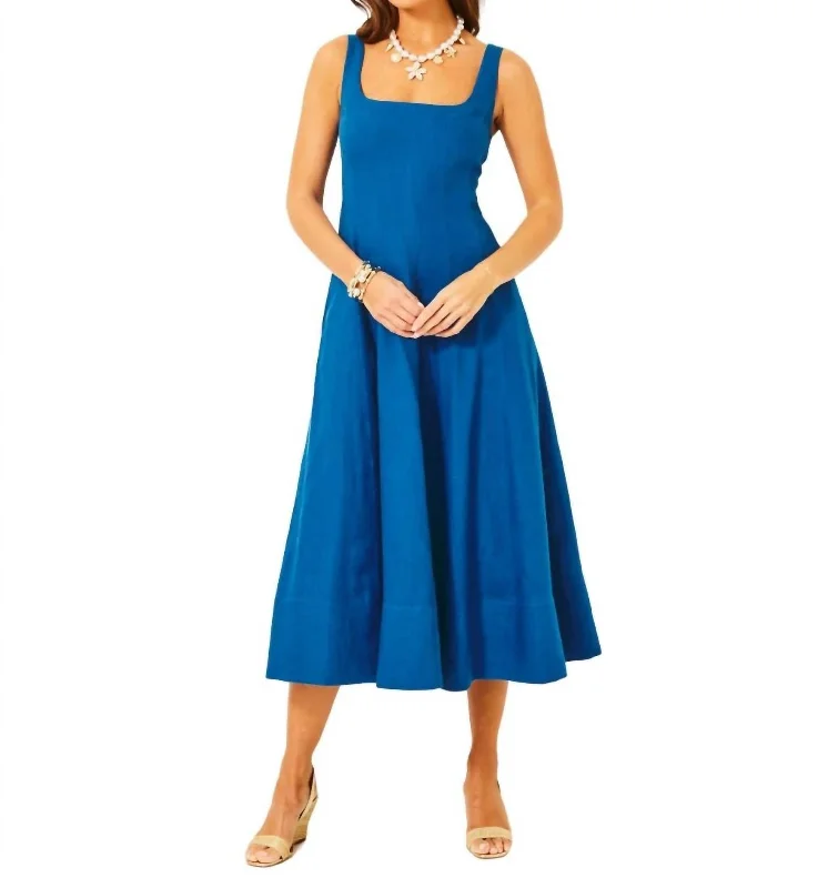 Hurry Before It'S Gone Calina Linen Midi Dress In Barton Blue Playful Elegance