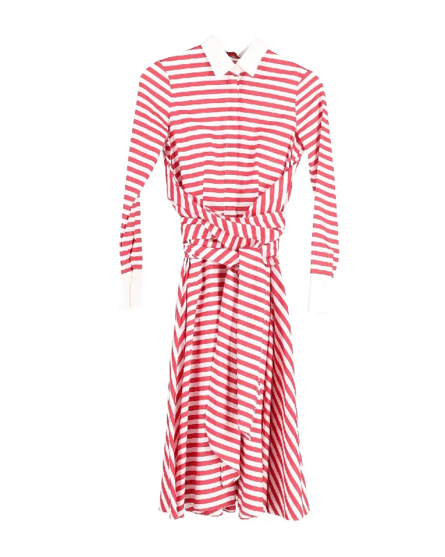 Style Breakthroughs Carolina Herrera Collared Striped Belted Midi Dress in Red and White Cotton Feminine Flow