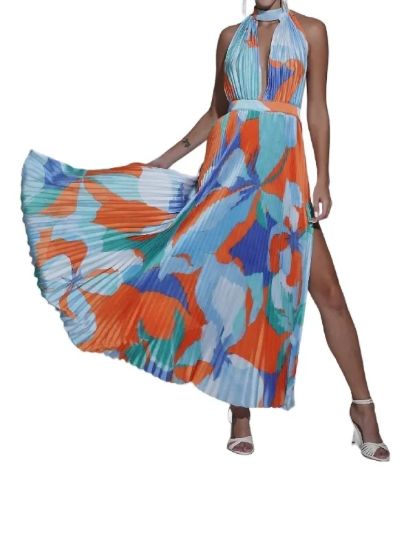 Fashionable Comfort Promotions Chateau Split Gown Dress In Capri Print Orange Playful Elegance