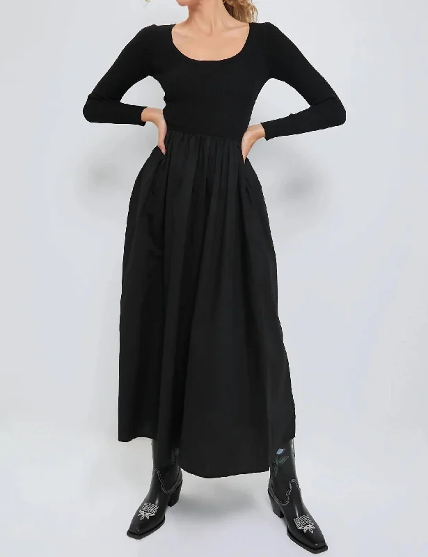 Chic And Edgy Contrast Long Sleeve Midi Dress In Black Effortless Comfort