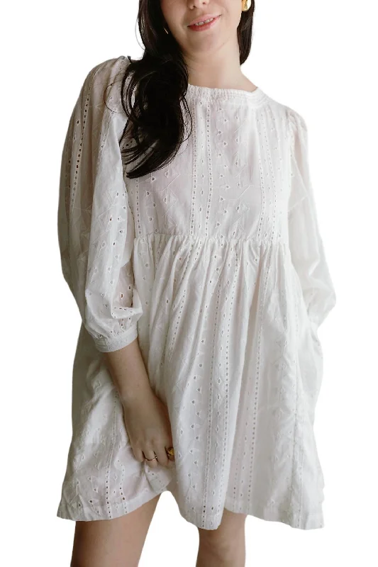 Limited Time Flash Sale Cotton Eyelet Babydoll Mini Dress W/ Back Tie Detail In White Bohemian Vibe