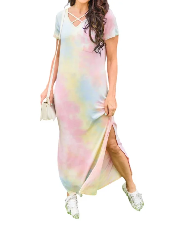 Feminine Luxe Style Sale Crossing Over Tie Dye Maxi Dress In Pink Romantic Date - Night Ensemble