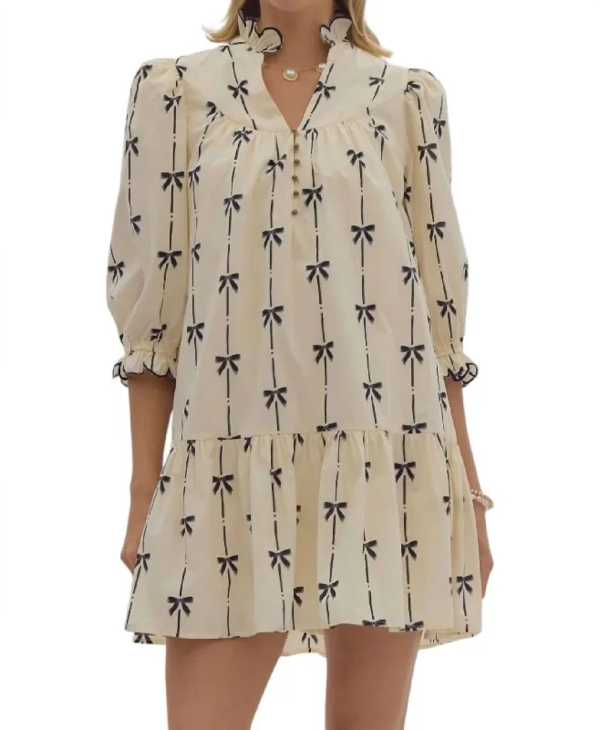 Special Offer Demure Bow Mini Dress In Cream Vibrant Prints