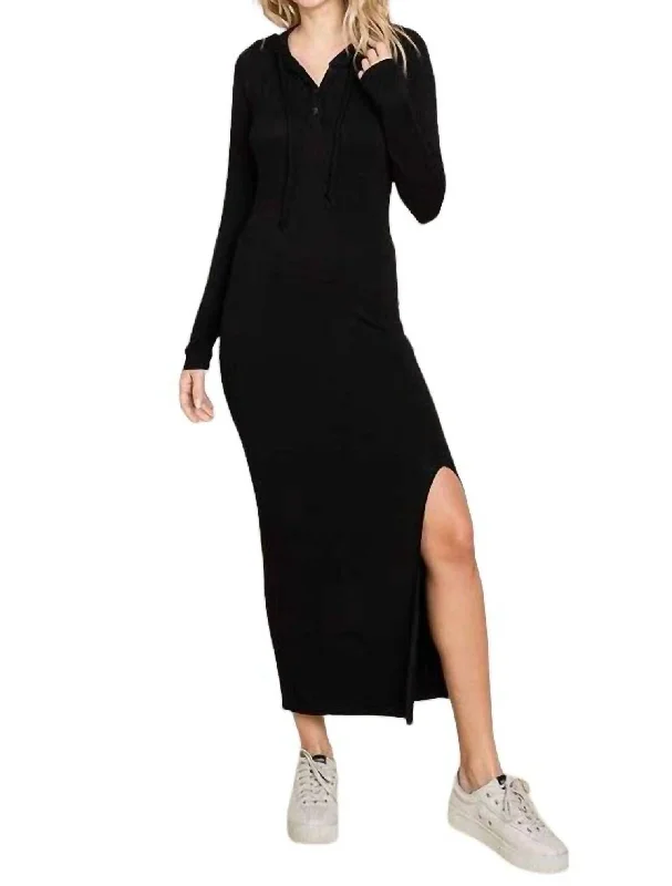 Trendy Pulse Diana Side Slit Hooded Maxi Dress In Black Chic Urban Fashion Look