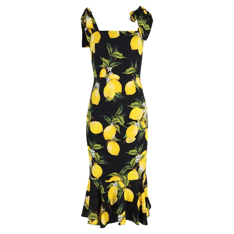 Huge Markdowns Dolce & Gabbana Lemon Print Midi Dress in Yellow and Black Silk Chic Sophistication