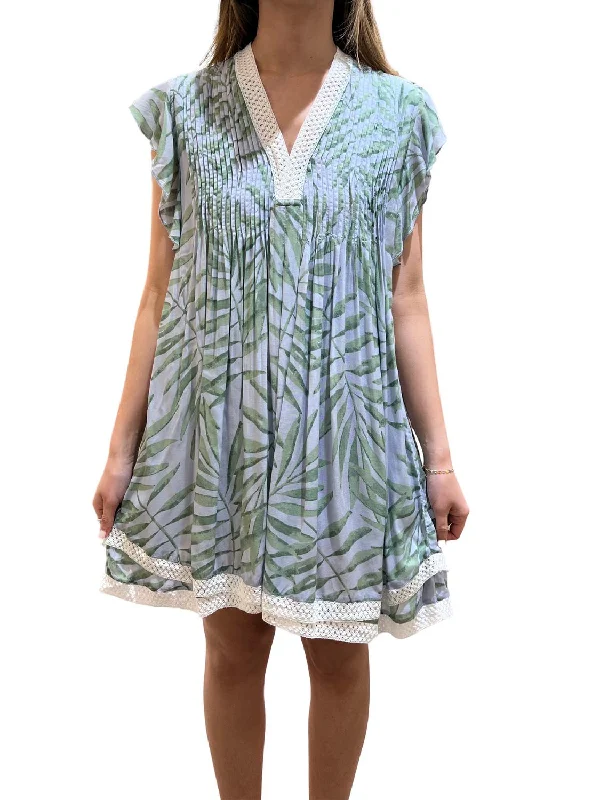 Fall Sale, Prices Drop Eden Mini Dress In Palm Blue And Green Boho - Chic Festival - Ready Style