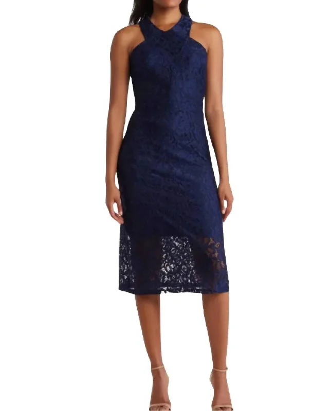 Elegant Style Embroidered Lace Midi Dress In Blue Weekend Special